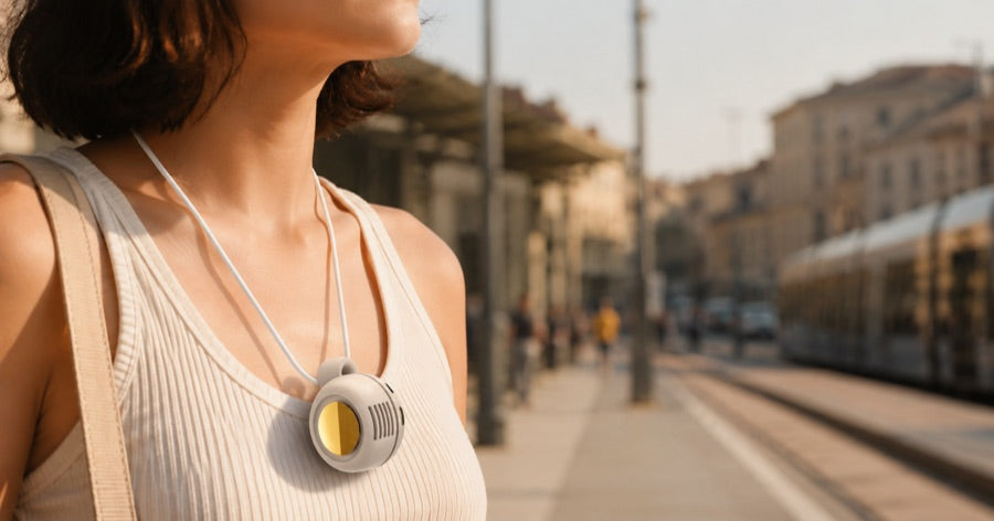 AéraClip se porte naturellement autour du cou, prêt à vous rafraîchir quand l’air devient lourd.