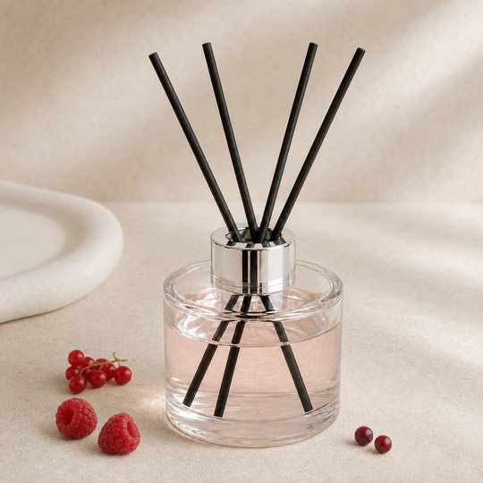Diffuseur rempli senteur fruits rouges avec quatre tiges noires