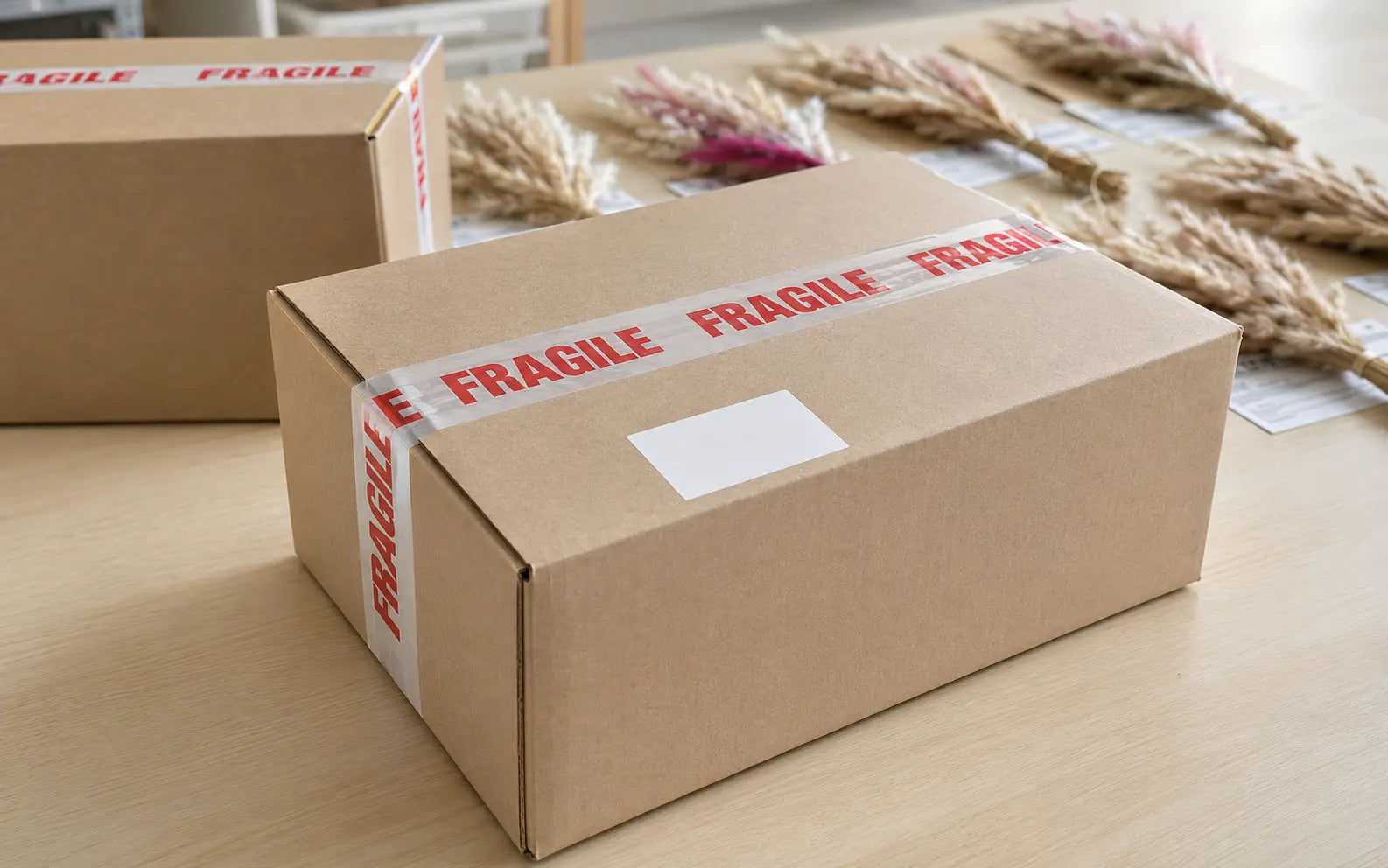 Colis WORK fermé avec signalétique fragile